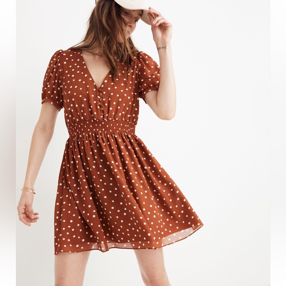 Madewell Smocked-Waist Mini Dress in Inkspot Dots